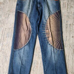 Genetix Denim Jeans, Vintage, Blue jean color with leather front design, 42W 34L